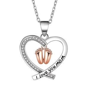 Two-tone Copper Heart Pendant Only (Without Chain) With Baby Feet I Love You Mom Engraved Rhinestone Mother's Day Charm