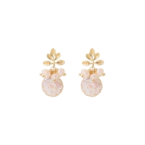 Baroque natural pearl earrings with golden leaf design and purple shell pendant