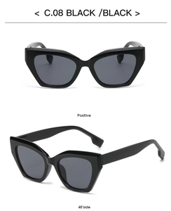 Detail shot of black cat-eye sunglasses with dark grey lenses in front and side view