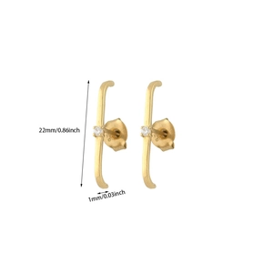 Detailed view of gold minimalist long bar earrings with zircon and 22mm size markings