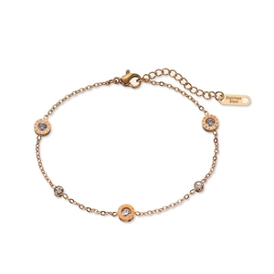 Rose gold stainless steel bracelet with zircon charms and Roman numerals on white background