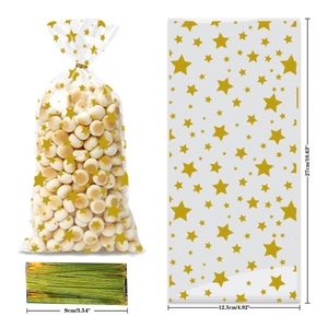 Detail showing dimensions of clear gold star gift bags with gold twist ties for candy