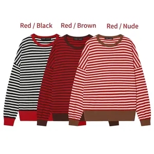 Pull en Maille Rayé Élégant pour Femmes Col Rond Manches Longues Pull Polyester Acrylique Décontracté Automne Hiver Haut