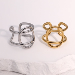 Geometric Hollow Crossed Line Ring Stainless Steel 18K Gold Plated Adjustable Open Ring Minimalist Fashion For Women
