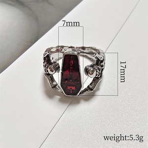Gothic silver coffin ring with red enamel, vampire bat skull punk style, 17mm x 7mm size