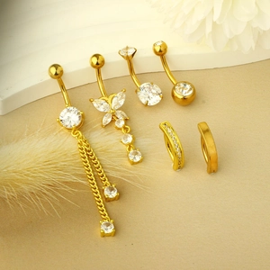 Set of 6 gold stainless steel belly rings with butterfly charms and zircon tassels
