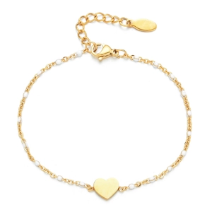 Detail of 18k gold plated heart pendant with white enamel beads and adjustable clasp