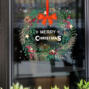 Christmas Wreath Window Stickers Static Cling PVC Waterproof Double Sided Color Glass Door Decals Merry Christmas Decor