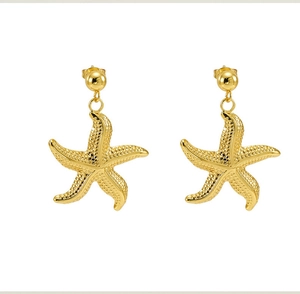 Close-up of golden starfish drop earrings with vintage ocean style on white background