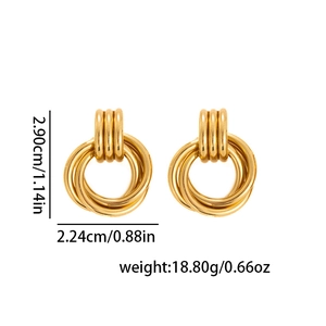 Polished gold multi-hoop stainless steel earrings with dimension and weight markers