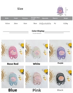 Detailed size chart and multi-color shell sequin kids backpack with pearl handle