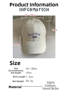 Detail view of beige cotton baseball cap with purple Paris embroidery and sizing specifications