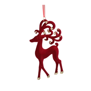 Red flocked Christmas reindeer ornament with gold glitter accents on white background
