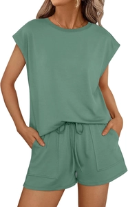 Women's casual two-piece lounge set with crew neck short sleeves and drawstring shorts