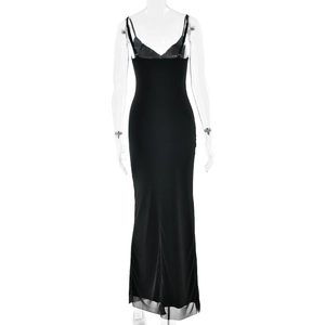Detailed back view of a slim black maxi dress with an open V-back and sheer hem detail