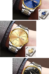 Detail view of quartz watch showing blue, gold and black dials with date display