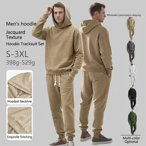Men's casual tracksuit set featuring textured jacquard hoodie and matching drawstring pants