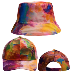 Detailed views of tie-dye bucket and baseball hats with vibrant abstract print patterns