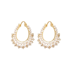 Elegant gold pearl earrings with starburst zircon and layered semicircular design