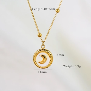 Detail view of 14K gold plated necklace showing 14mm moon shell pendant and measurements