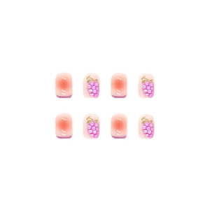 Pink gradient press-on nails featuring 3D purple bead grape designs and green leaves