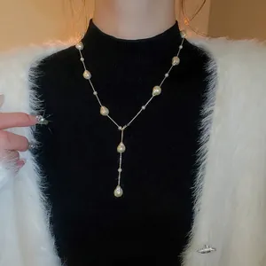 Artificial Baroque Pearl Y-Shaped Lariat Necklace Gold Plated Copper Glass Bead French Vintage Elegant Clavicle Chain For Women