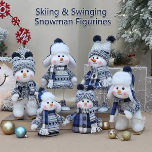 Christmas Snowman Dolls Blue White Knit Fabric Plush Ornaments Standing Skiing Figurines Home Desktop Decor Holiday Winter