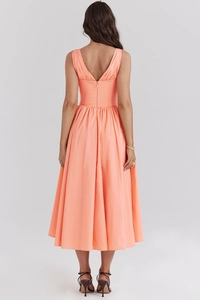 Detail of coral orange V-neck maxi dress featuring a high-quality back invisible zipper