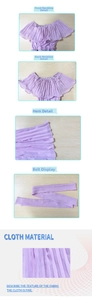 Detailed views of purple pleated jumpsuit fabric showing neckline and belt quality
