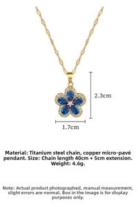 Macro shot of titanium steel necklace with blue teardrop floral pendant and dimensions