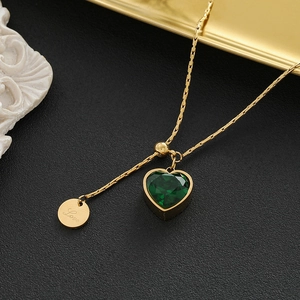 Elegant gold titanium heart necklace with emerald green stone and Love engraved pendant