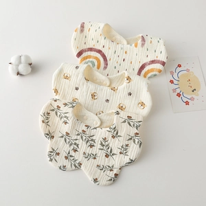 Three-piece set of petal-shaped cotton gauze baby bibs with rainbow and tiger prints