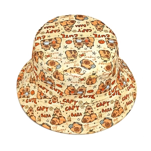 Cute beige Capybara cartoon printed bucket hat for women made of durable canvas
