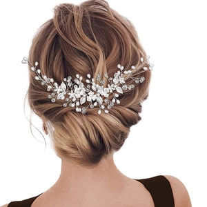 Luxurious silver flower hair vine with sparkling rhinestones and pearls for bridal hair styling