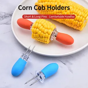 Stainless steel corn cob holders with non-slip silicone handles for BBQ and grilling