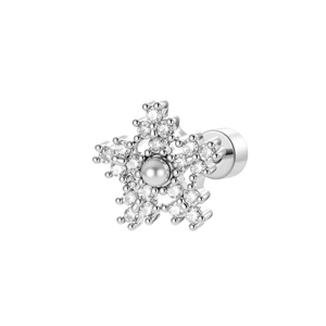 Elegant silver snowflake stud earring with micro-pave zirconia and a central pearl
