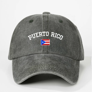 Cappellino vintage in cotone grigio scuro lavato con bandiera di Porto Rico ricamata