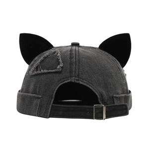 Washed vintage Miki hat in dark grey denim with fox ears and adjustable metal buckle