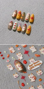 Macro detail of 3D New Year nail stickers featuring dragon, koi fish, and knots