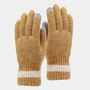 Detail of winter knitted touchscreen gloves with grey fingertips and ribbed cuffs
