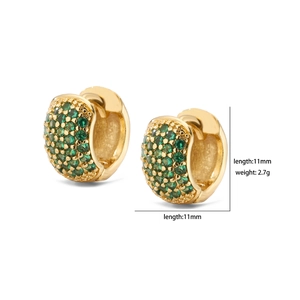 Gold plated hoop earrings with green zircon pave setting, 11mm size and 2.7g weight