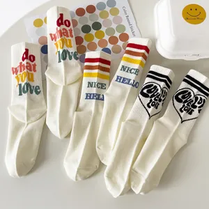 Women Crew Socks Cotton Blend Breathable Mid-calf Hosiery Japanese Preppy Style Striped Letter Print Heart Flower Girls