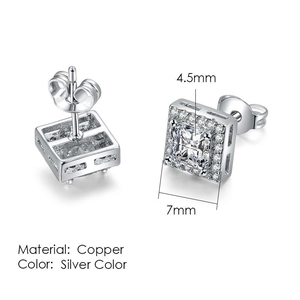 Detail view of 7mm silver copper stud earrings with 4.5mm zircon micro-pave setting
