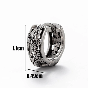 Detailed view of silver dragon totem hoop earring showing 1.1cm height and 0.49cm width