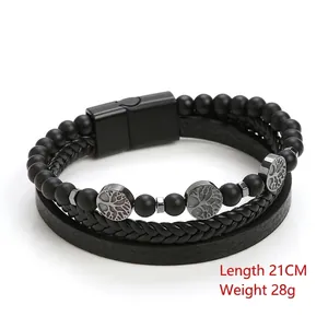 Bracciale in pelle a tre strati con perle in pietra naturale e ciondoli Albero della Vita