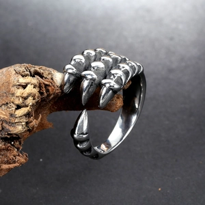 Vintage dragon claw ring in silver finish with adjustable open band and gothic design
