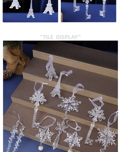 Detailed close-up and tiered display of crystal-clear acrylic Christmas tree ornaments
