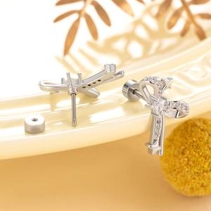 Elegant silver bow stud earrings in titanium steel with sparkling zircon stones