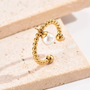 French vintage style gold pearl open ring with small golden beads for women