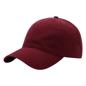 Close-up of a classic burgundy cotton baseball cap with a curved brim and stitched eyelets